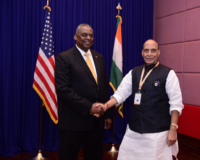 Defense Minister Rajnath Singh with US Secretary of Defense Lloyd Austin.