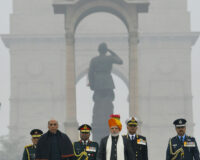 Prime Minister Narendra Modi with chief guest and other dignitaries at the R-Day parade that showcased military might.